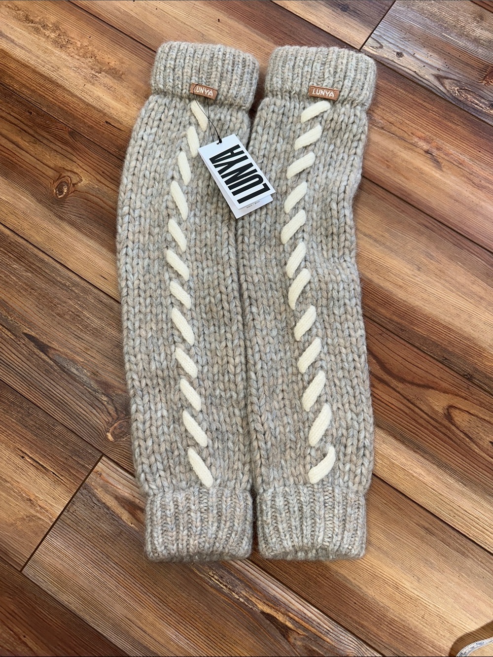 lunya Cream Cable-Knit Leg Warmers with Ivory Braided Detail